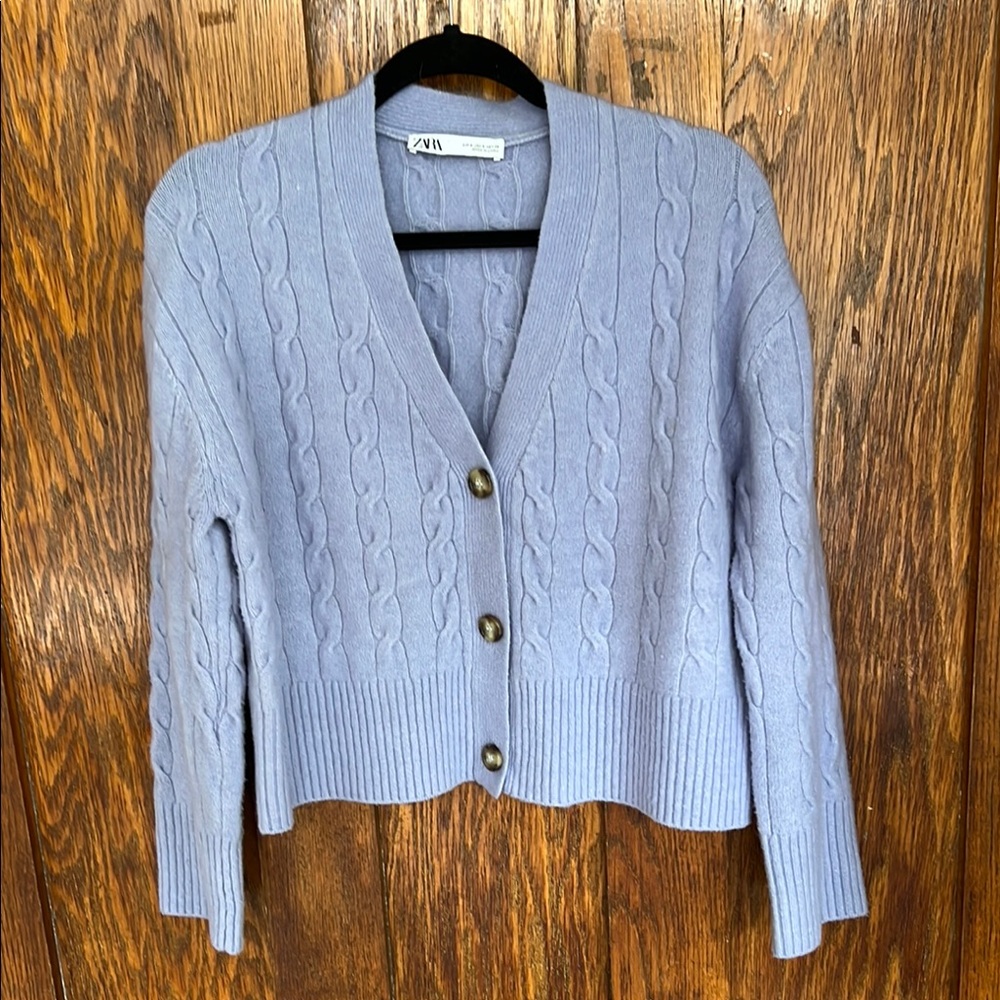 Zara Cable Knit Cropped Cardigan Lavender Blue Size Small